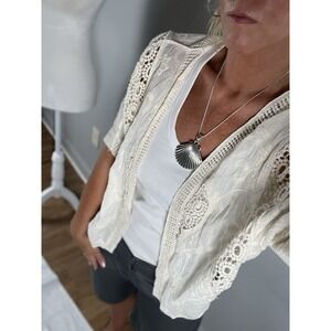 Lulla Collection Boho Cream Embroidered Crochet Cardigan Top One Size SS USA